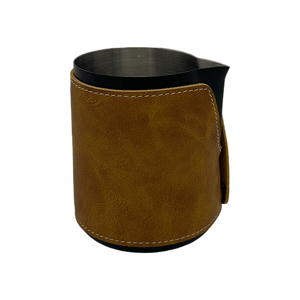 BaristaDelight Henkelless Milk Pitcher with Leather Sleeve