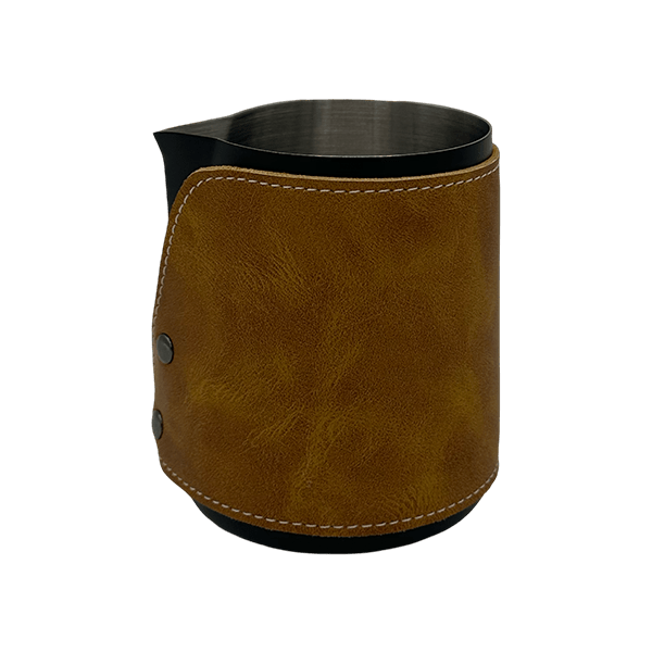 BaristaDelight Henkelless Milk Pitcher with Leather Sleeve
