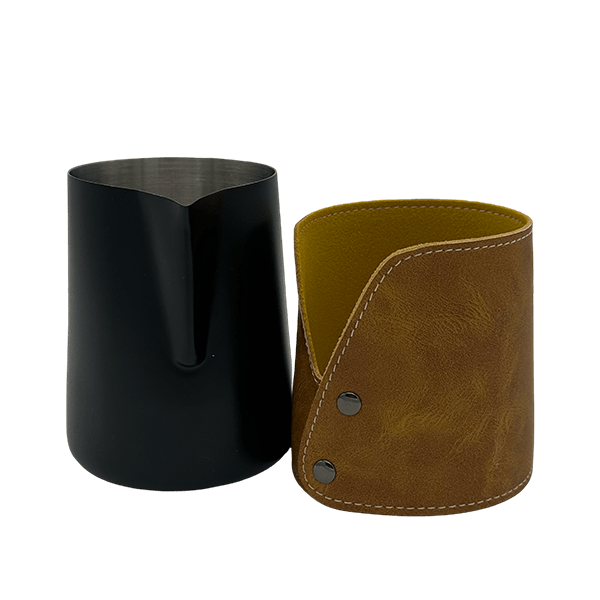 BaristaDelight Henkelless Milk Pitcher with Leather Sleeve
