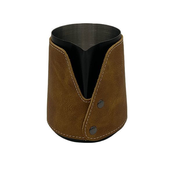 BaristaDelight Henkelless Milk Pitcher with Leather Sleeve