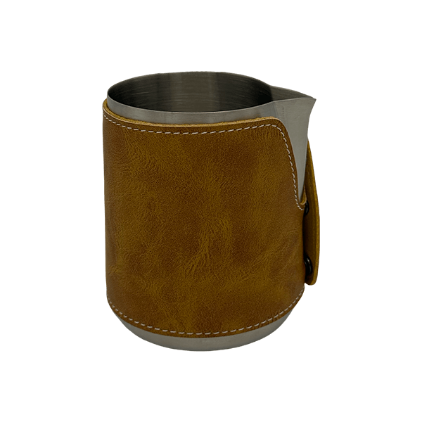 BaristaDelight Henkelless Milk Pitcher with Leather Sleeve