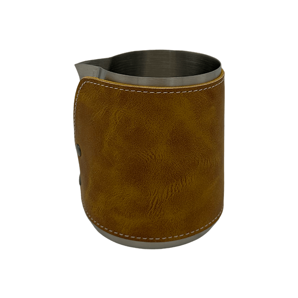 BaristaDelight Henkelless Milk Pitcher with Leather Sleeve