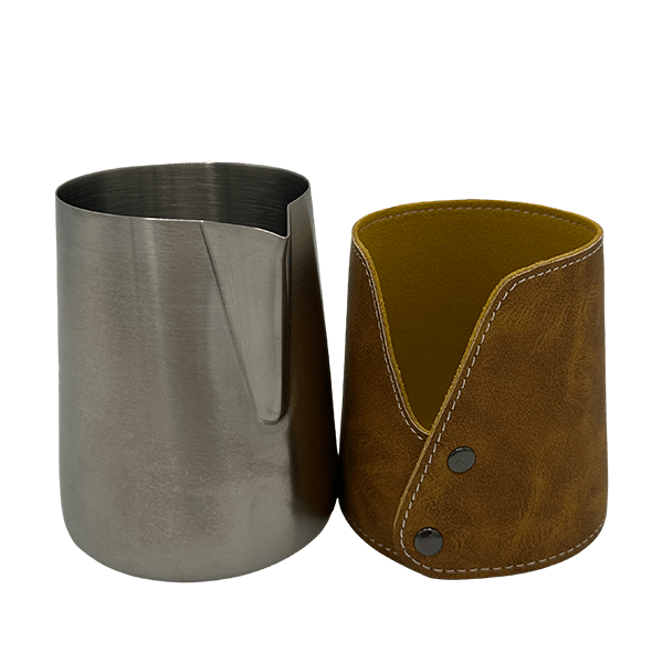 BaristaDelight Henkelless Milk Pitcher with Leather Sleeve
