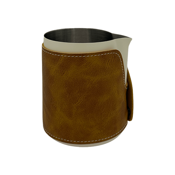 BaristaDelight Henkelless Milk Pitcher with Leather Sleeve