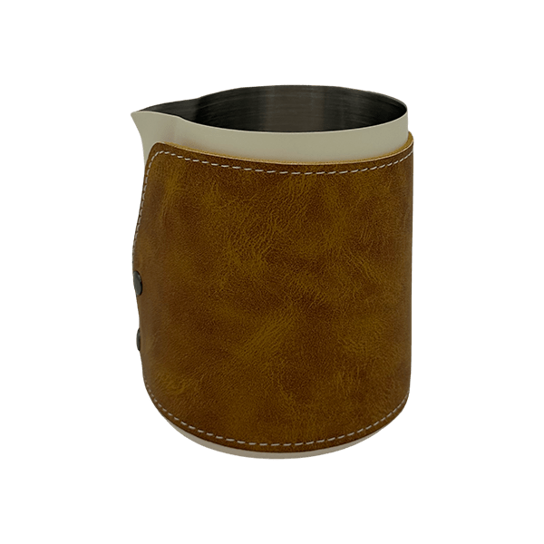 BaristaDelight Henkelless Milk Pitcher with Leather Sleeve