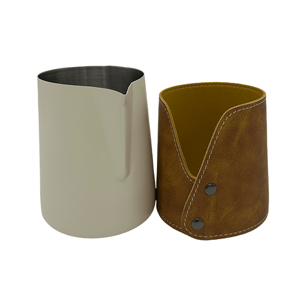 BaristaDelight Henkelless Milk Pitcher with Leather Sleeve